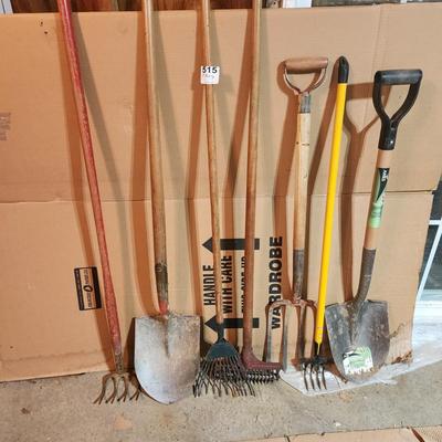 7 yard Tool Lot Shovels Forks Rake see Pictures