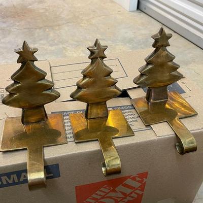 Three Vintage Brass Cracker Barrel Christmas Tree Stocking Holders