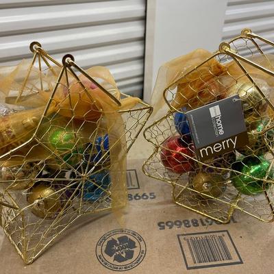 Two NEW Star Baskets with Handles Filled with Ornaments