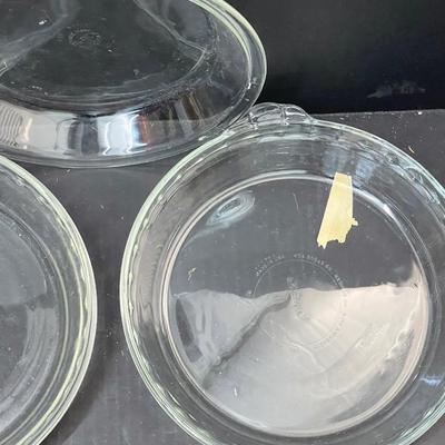 Three Vintage Clear Pie Plates - Pyrex - & 6 Oval and Round Aluminum Cake Pans