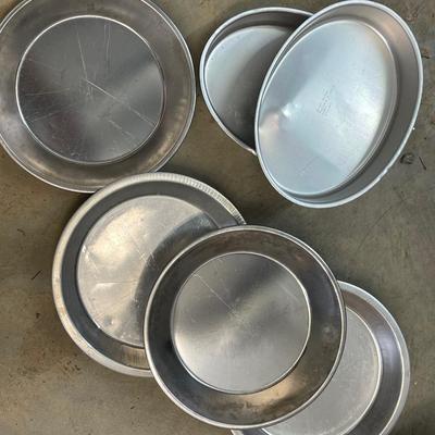 Three Vintage Clear Pie Plates - Pyrex - & 6 Oval and Round Aluminum Cake Pans