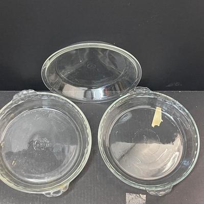 Three Vintage Clear Pie Plates - Pyrex - & 6 Oval and Round Aluminum Cake Pans