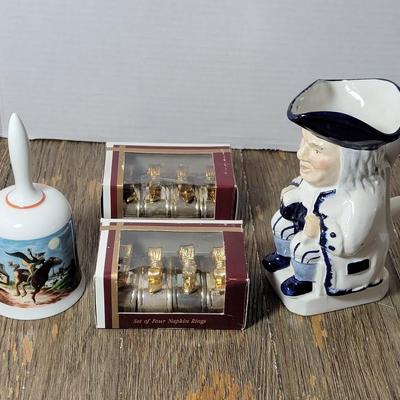 Vintage Paul Revere Bell, Staffordshire Mug & 8 Silverplated Napkin Holders