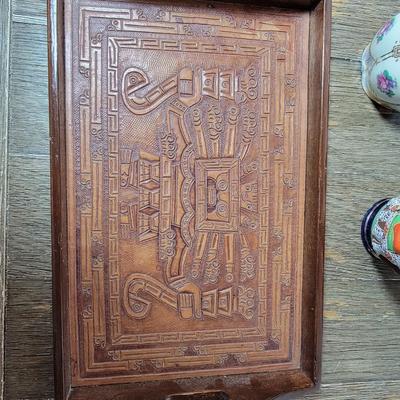 Aztec Leather Tray, Moroccan Brass Etched Tray, Satsuma Moriage Vase & Bavarian Sugar Pot