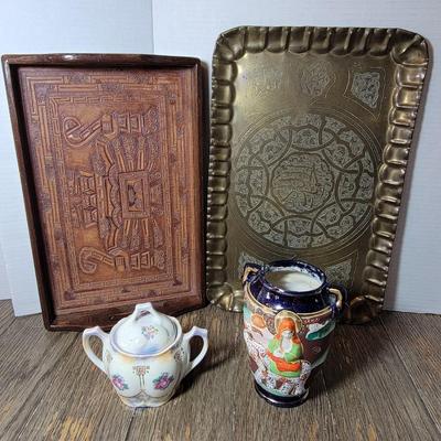 Aztec Leather Tray, Moroccan Brass Etched Tray, Satsuma Moriage Vase & Bavarian Sugar Pot
