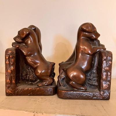Art Deco Antique Cast Bronze Three Puppies Bookends