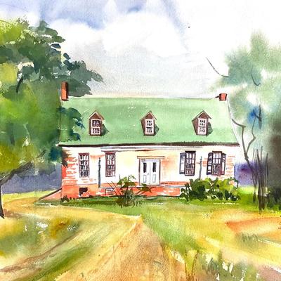 511 Original Watercolor of Brick House in Field by Peggy Blades