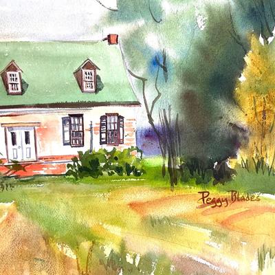 511 Original Watercolor of Brick House in Field by Peggy Blades