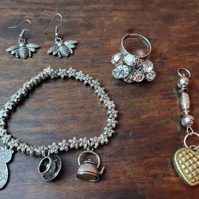 Charm Bracelet, Bee Earrings, Dangle Heart Pendant, and Sizable Dangle Ring