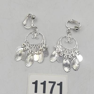 Silver Toned Dangling Clip On Earrings