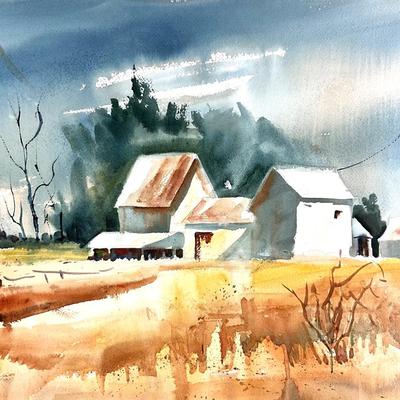 513 Original Watercolor of Barn Scene by Peggy Blades
