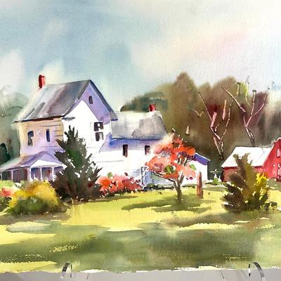 515 Original Watercolor of Farmhouse with Barn by Peggy Blades
