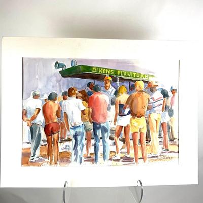 518 Original Watercolor of Dixon's Furniture Auction by Peggy Blades