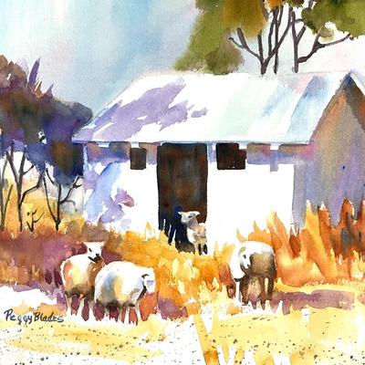 520 Original Watercolor of Barn Scene with Sheep by Peggy Blades