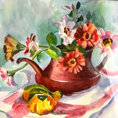 522 Original Watercolor of Teapot and Zinnias by Peggy Blades