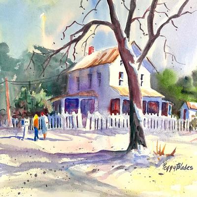 524 Original Watercolor of Winter House Scene by Peggy Blades