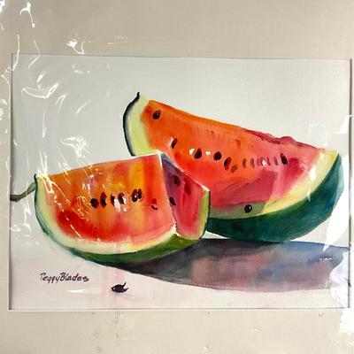 525 Original Watercolor of Watermelons Still Life by Peggy Blades