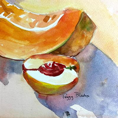527 Original Watercolor of Watermelon and Cantalope Still Life by Peggy Blades