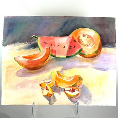 527 Original Watercolor of Watermelon and Cantalope Still Life by Peggy Blades