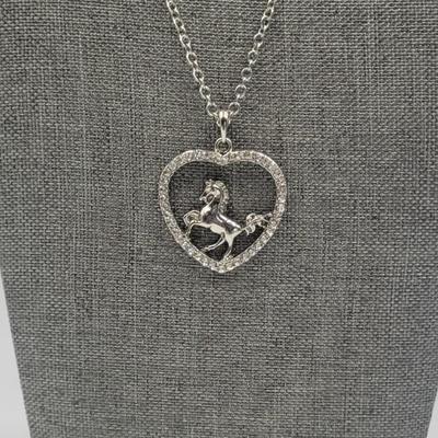 Silver Toned Heart & Horse Pendant Necklace