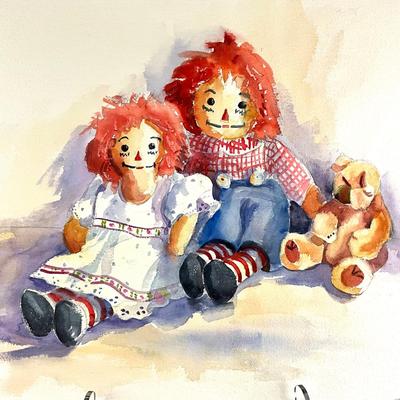 551 Original Watercolor of Raggedy Ann and Andy by Peggy Blades