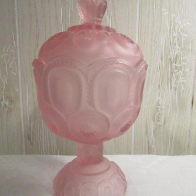 Vintage LE Smith Moon and Stars Pink Satin Frosted Glass Covered Compote- Approx 8 1/2 Inches Tall