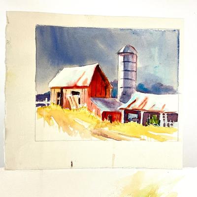 556 Original Watercolor of Barn and Silo with Trailer Bed by Peggy Blades