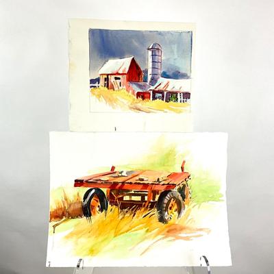 556 Original Watercolor of Barn and Silo with Trailer Bed by Peggy Blades
