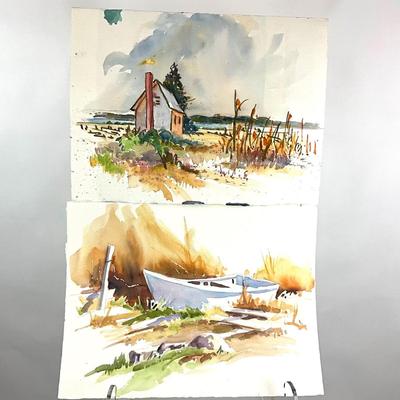 557 TWO Original Watercolors of Water scene and Boat