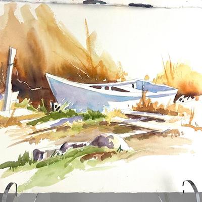 557 TWO Original Watercolors of Water scene and Boat