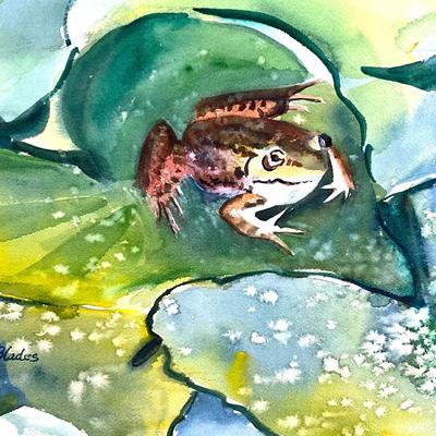 560 Original Watercolor of Frog on Lily Pad by Peggy Blades