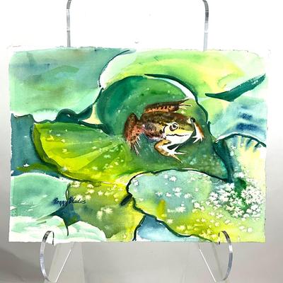 560 Original Watercolor of Frog on Lily Pad by Peggy Blades