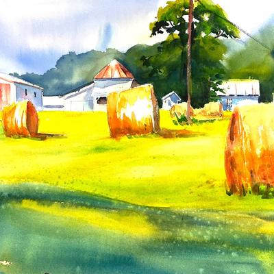 563 Original Watercolor of Hay Bales on Farm by Peggy Blades