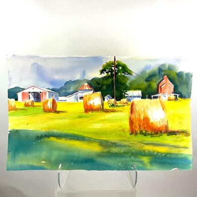 563 Original Watercolor of Hay Bales on Farm by Peggy Blades