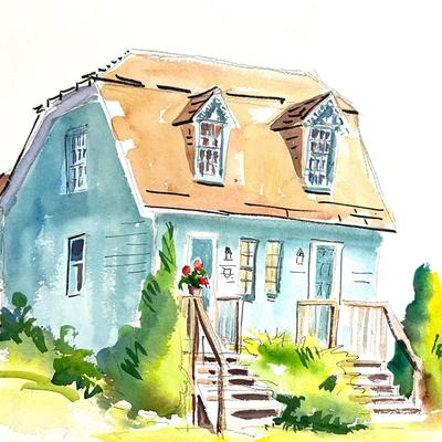 564 Original Watercolor of Small Blue House by Peggy Blades