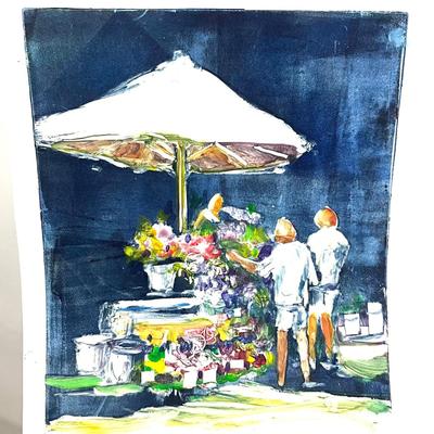 567 Original Artwork Monotype Print of Flower Mart by Peggy Blades