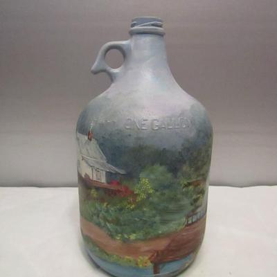 Glass Gallon Jug with Hand Painted Farm House Scene
