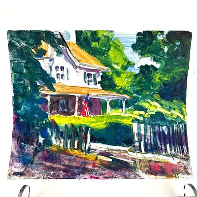 570 Original Monotype Print of House with Flag by Peggy Blades