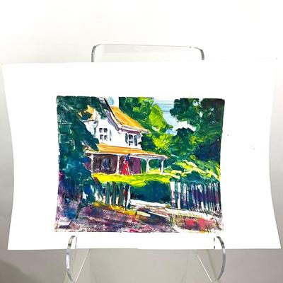 570 Original Monotype Print of House with Flag by Peggy Blades