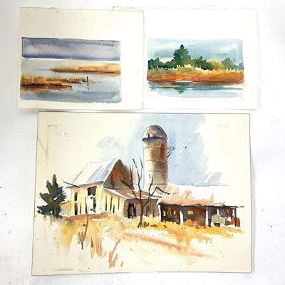 571 Set of Three Original Watercolors of Barn and Landscapes by Peggy Blades
