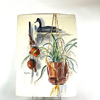 572 Original Watercolor of Plant and Decoy by Peggy Blades