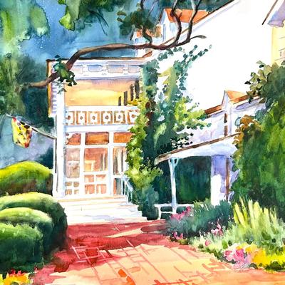 573 Original Watercolor of Porch Scene by Peggy Blades