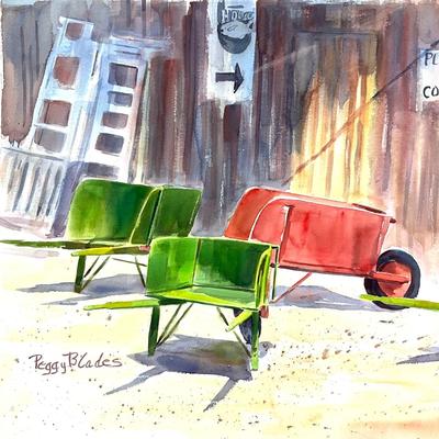 574 Original Watercolor of Wheelbarrows by Peggy Blades