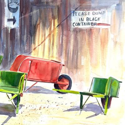 574 Original Watercolor of Wheelbarrows by Peggy Blades