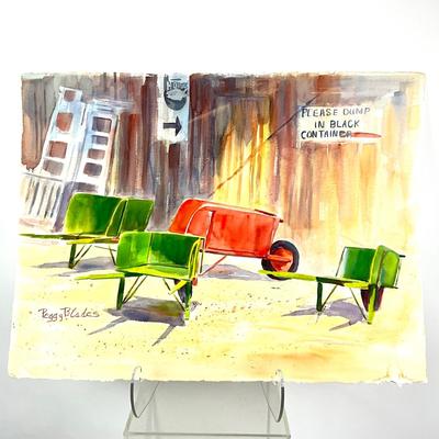 574 Original Watercolor of Wheelbarrows by Peggy Blades