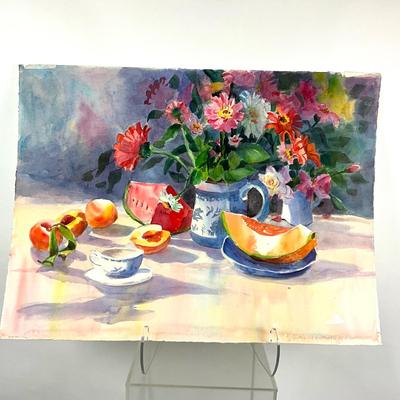 576 Original Watercolor of Still Life of Flowers and Fruit by Peggy Blades