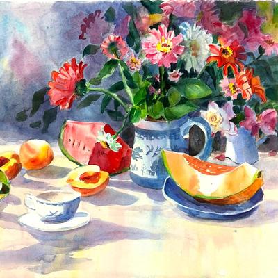 576 Original Watercolor of Still Life of Flowers and Fruit by Peggy Blades