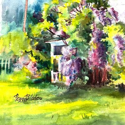 579 Original Watercolor "Lilacs behind the house" by Peggy Blades