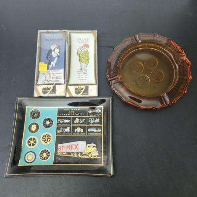lot of 4 Novelty Glass dishes Trays + Heavy Amber Coin Ashtry