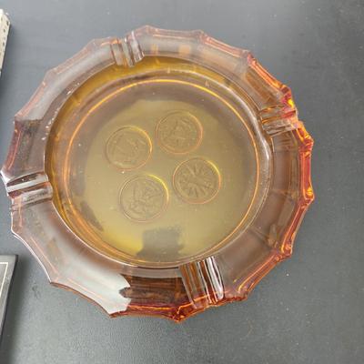 lot of 4 Novelty Glass dishes Trays + Heavy Amber Coin Ashtry